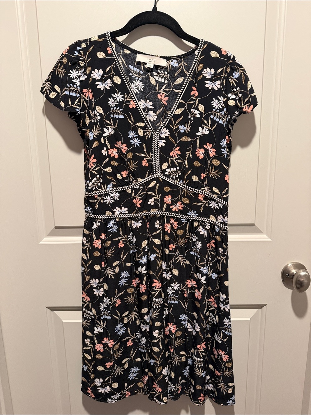 LOFT Black Floral V-Neck Trimmed Dress